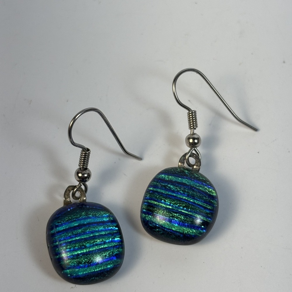 Earrings Dichroic Glass Green Blue Teal Striped Textured Gorgeous